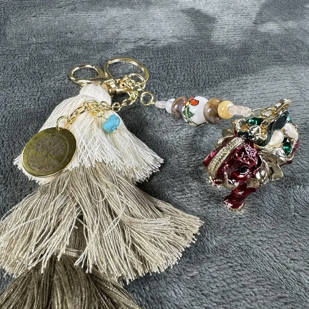 Bag charm Keychain Red Elephant Metal enamel bohemian Tassel BC0035